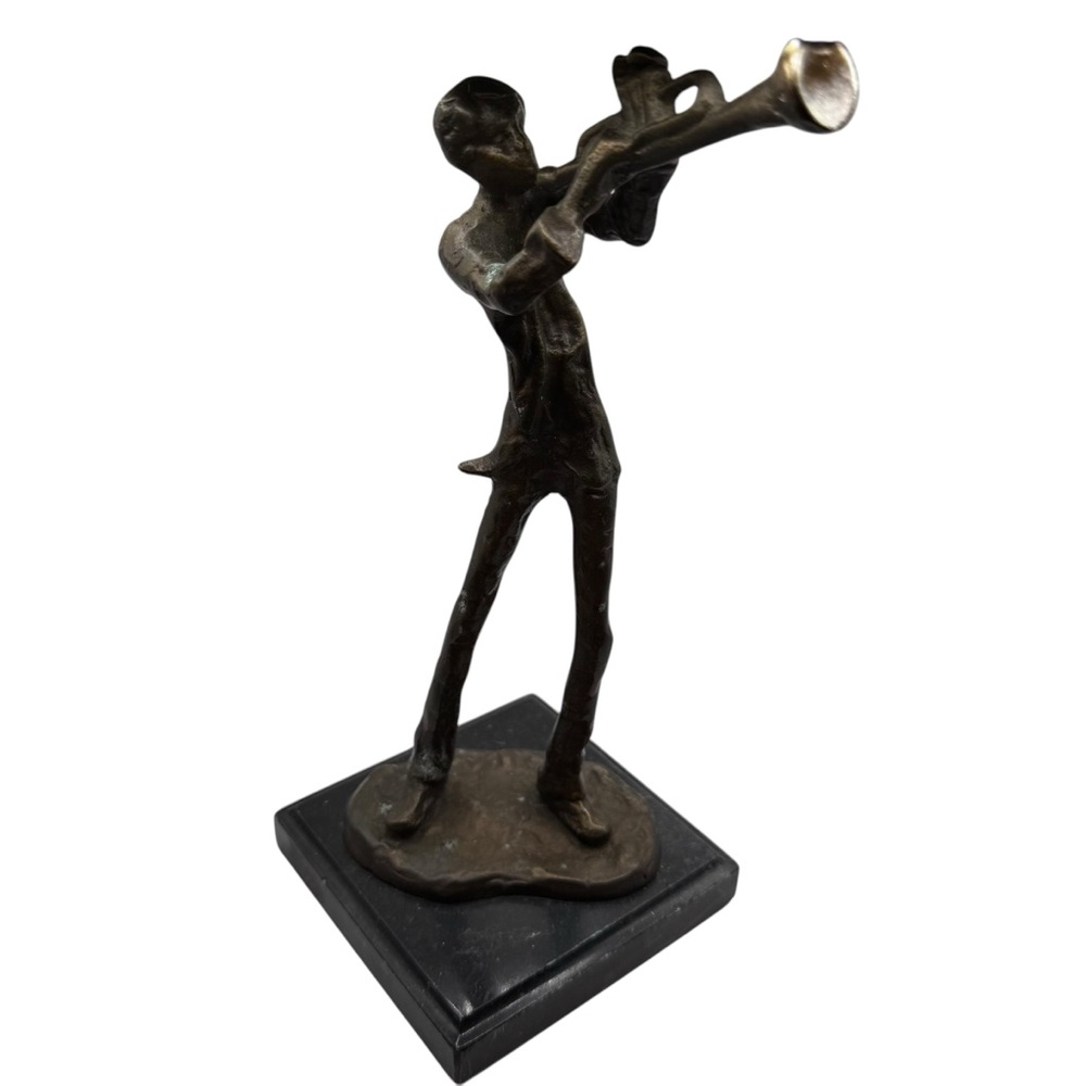 VINTAGE BRONZE MODERNIST HORN PLAYER FIGURINE MID CENTURY RARE 9”